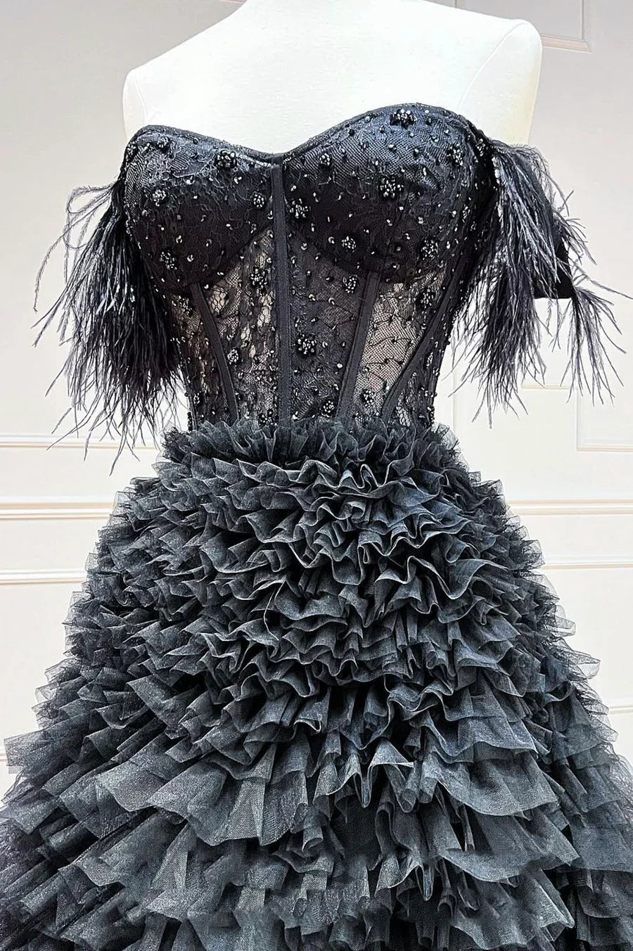 Black Tulle Long Ball Gown, A-Line Off the Shoulder Evening Gown TP510