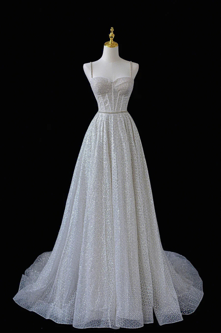 A-Line Straps Tulle Sequins Long Senior Prom Dress TP512