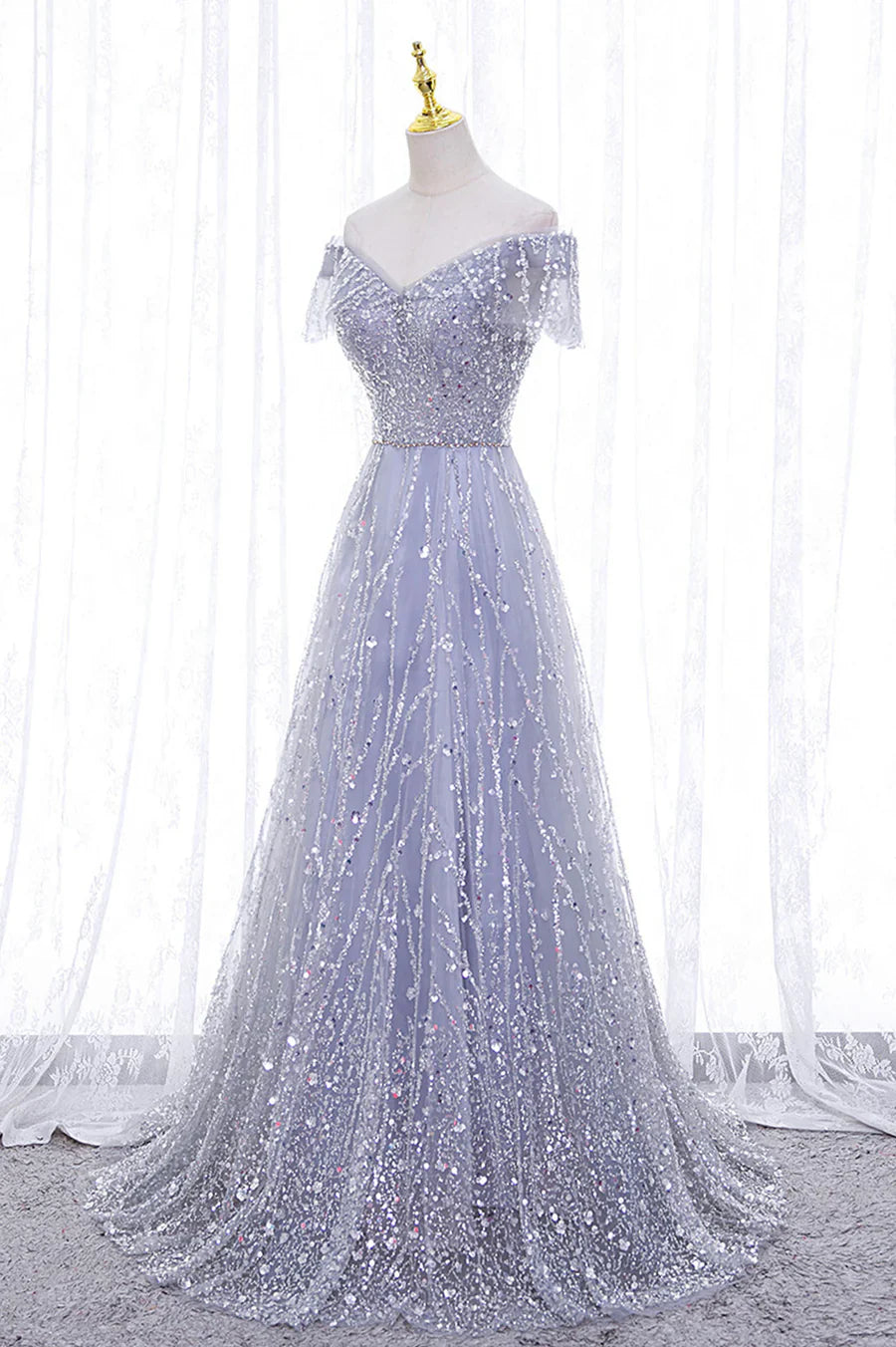 A-Line Tulle Sequins Long Prom Dress, Off the Shoulder Evening Party Dress TP514
