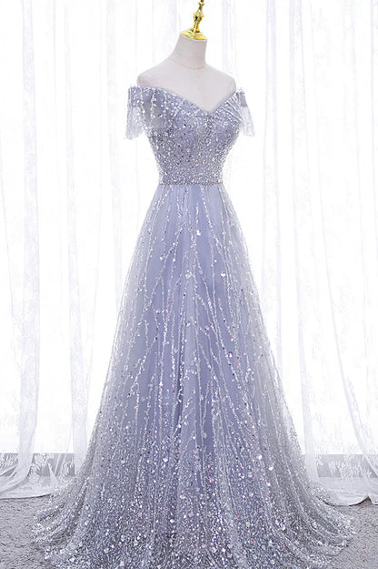 A-Line Tulle Sequins Long Prom Dress, Off the Shoulder Evening Party Dress TP514
