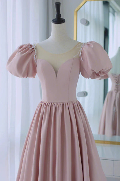 Pink Satin Long A-Line Prom Dress, Cute Short Sleeve Evening Dress TP516