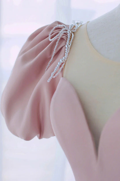 Pink Satin Long A-Line Prom Dress, Cute Short Sleeve Evening Dress TP516