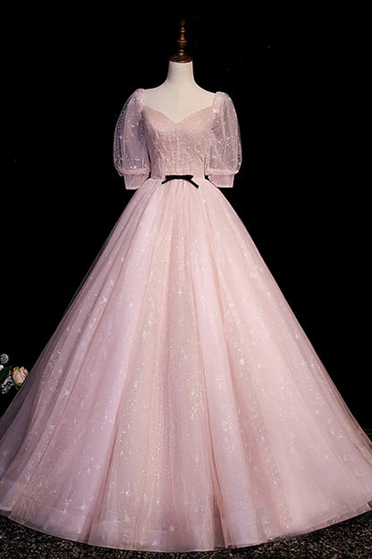 Pink V-Neck Tulle Long Prom Dress, A-Line Short Sleeves Evening Dress TP518
