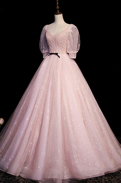 Pink V-Neck Tulle Long Prom Dress, A-Line Short Sleeves Evening Dress TP518