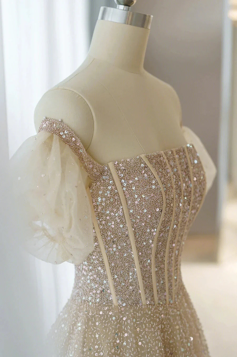 A-Line Tulle Beaded Long Prom Dress, Champagne Short Sleeve Evening Dress TP522