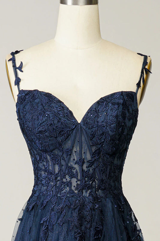 Navy Tulle and Lace Long Prom Dress, Lovely Spaghetti Strap Evening Dress TP525