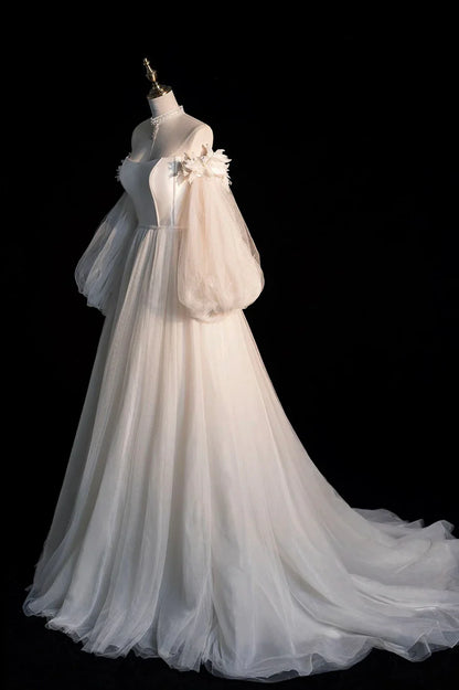 Champagne Tulle Long Sleeve Prom Dress, Off the Shoulder Evening Dress TP526