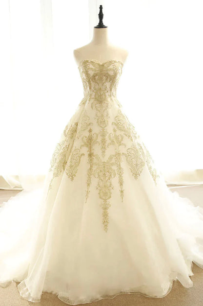 Long Champagne Strapless Tulle Lace Prom Dress, A-Line Evening Dress with Train TP527