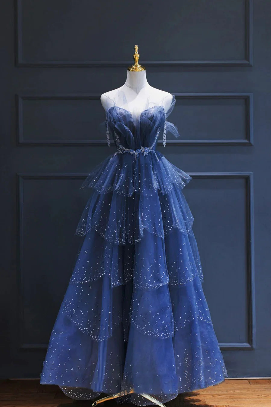 Blue Tulle Beaded Long Senior Prom Dress, A-Line Blue Formal Dress TP532