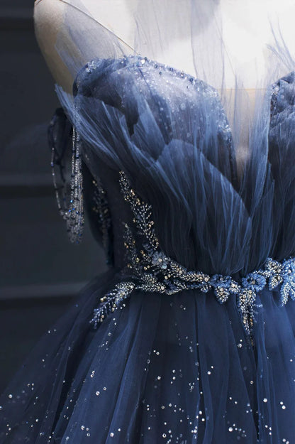 Blue Tulle Beaded Long Senior Prom Dress, A-Line Blue Formal Dress TP532