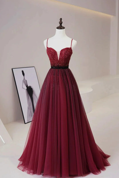 Burgundy Tulle Beaded Long Prom Dress, A-Line Spaghetti Strap Evening Dress TP533