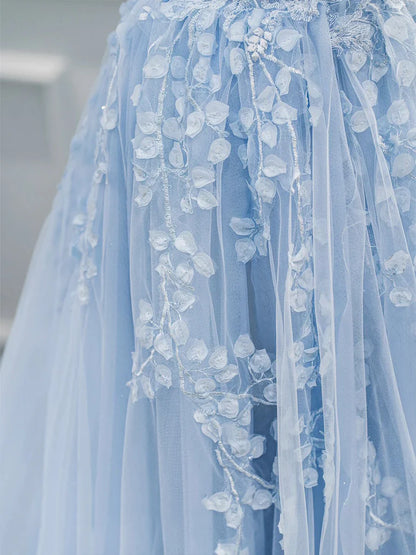 Blue Sweetheart Neck Lace Floor Length Prom Dress, Lovely Blue Evening Dress TP535