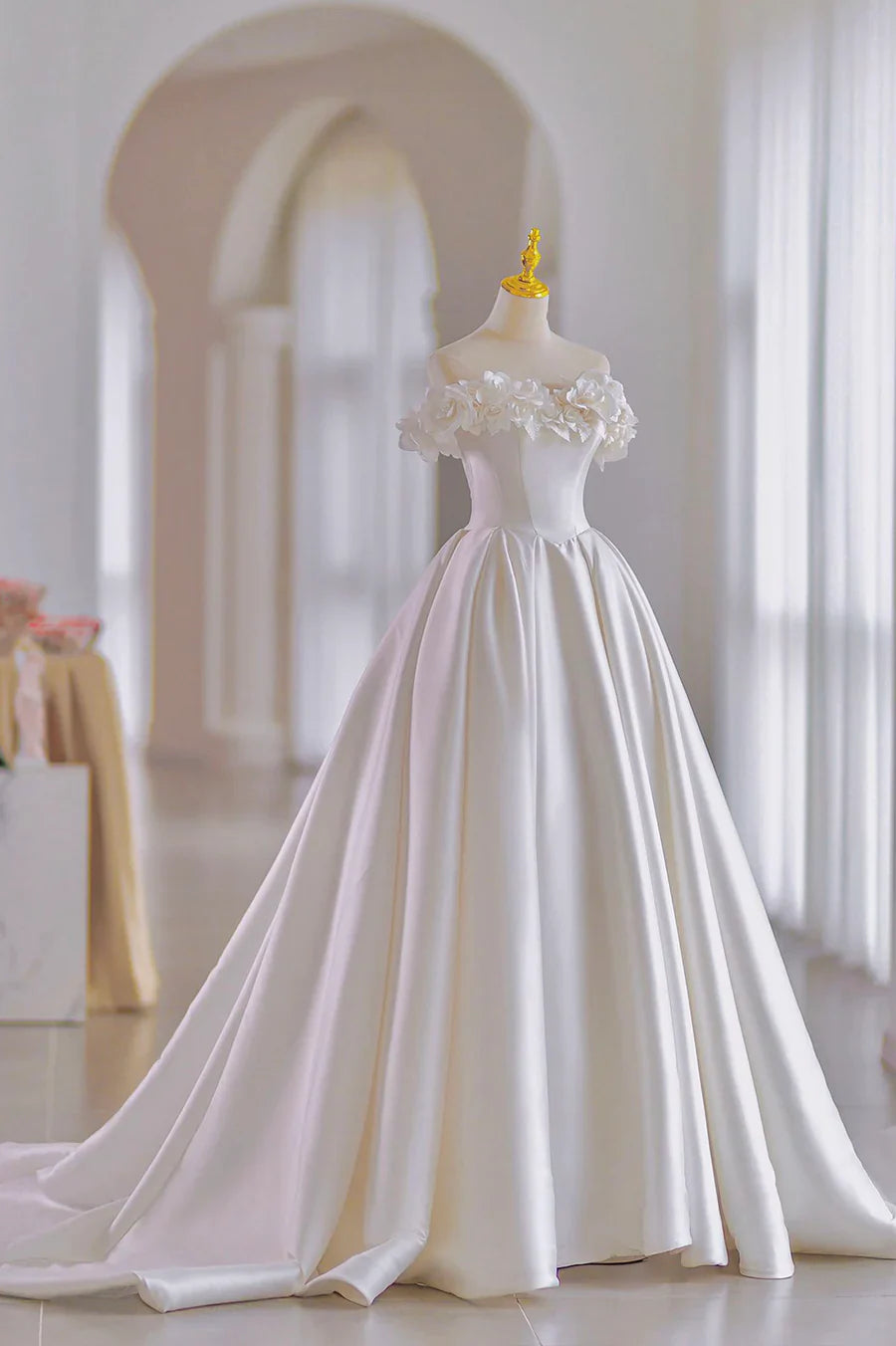 White Satin Long Ball Gown, A-Line Flower Wedding Gown with Bow TP539