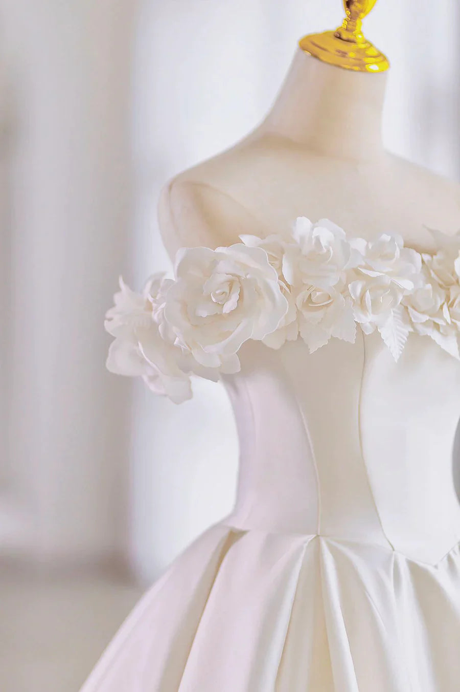 White Satin Long Ball Gown, A-Line Flower Wedding Gown with Bow TP539