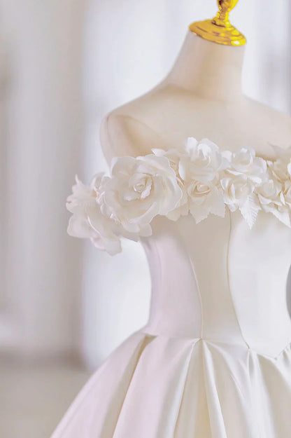White Satin Long Ball Gown, A-Line Flower Wedding Gown with Bow TP539