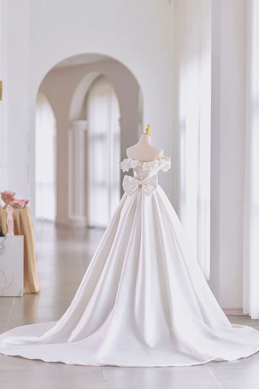 White Satin Long Ball Gown, A-Line Flower Wedding Gown with Bow TP539