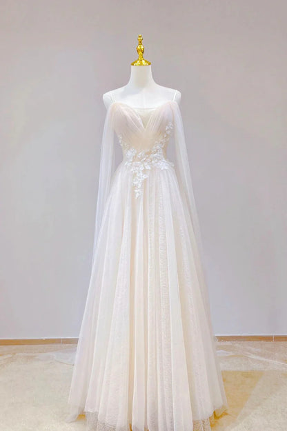 Champagne Tulle Long Prom Dress, Lovely Lace Formal Evening Dress TP540