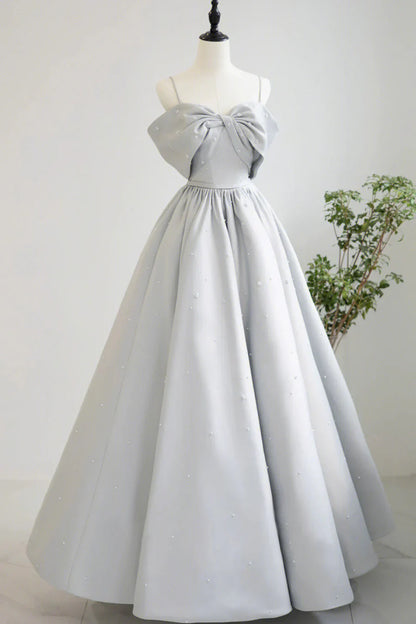 Gray Satin Long A-Line Prom Dress, Off the Shoulder Evening Dress with Pearls TP541