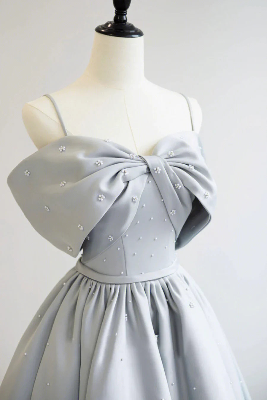 Gray Satin Long A-Line Prom Dress, Off the Shoulder Evening Dress with Pearls TP541