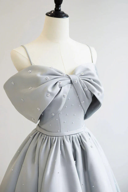 Gray Satin Long A-Line Prom Dress, Off the Shoulder Evening Dress with Pearls TP541