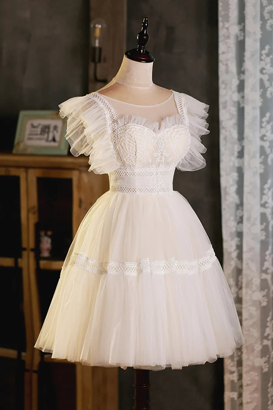Cute Lace Short A-Line Prom Dress, Champagne Party Dress TP543