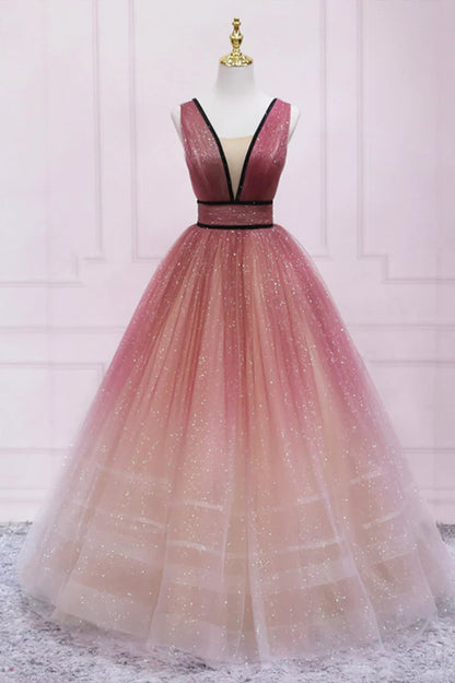 Cute Ombre Tulle V-Neck Long Party Dress, A-line Prom Dress TP547