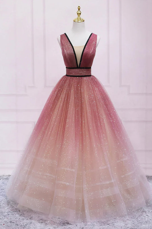 Cute Ombre Tulle V-Neck Long Party Dress, A-line Prom Dress TP547