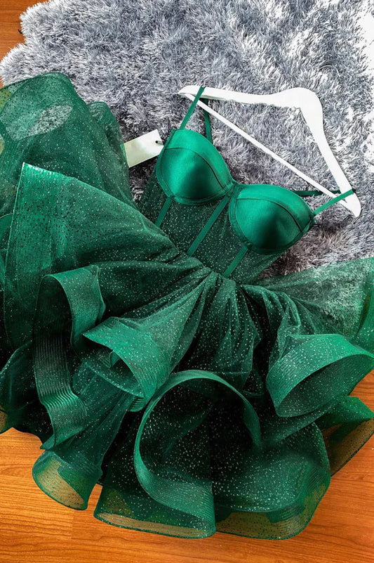 Green Tulle Spaghetti Straps Short Homecoming Dress, A-Line Mini Party Dress TP549
