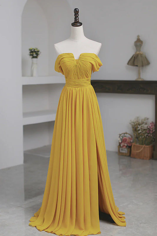 Yellow Chiffon Long Prom Dress, A-Line Off the Shoulder Evening Dress TP551
