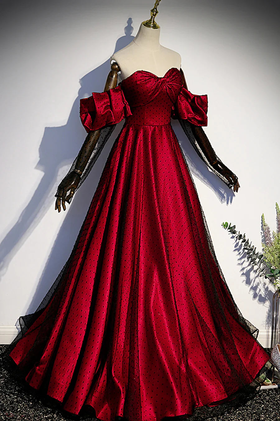 Burgundy Satin Tulle Long Prom Dress, A-Line Sweetheart Neck Evening Dress TP556