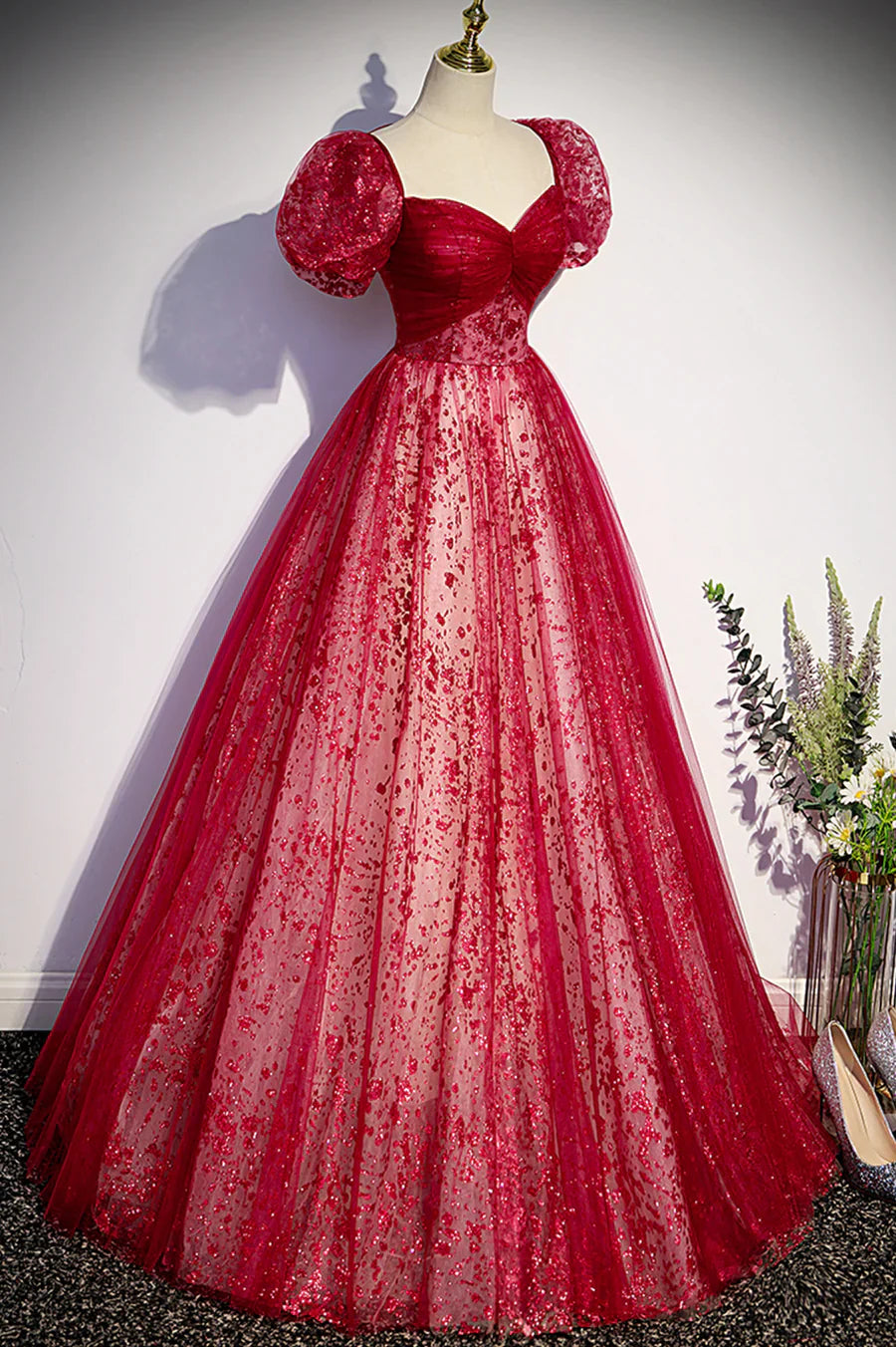 Burgndy Tulle Short Sleeve Formal Evening Dress, A-Line Long Prom Dress TP558