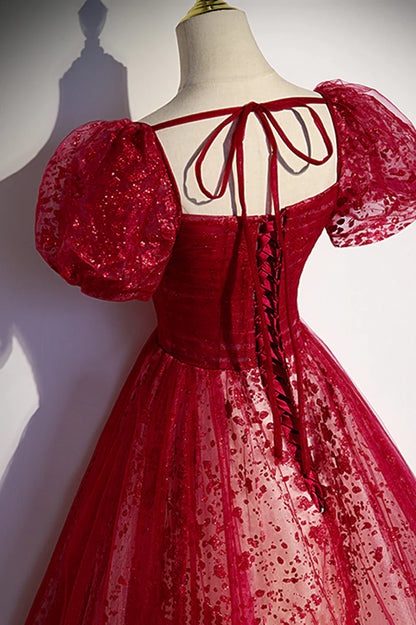 Burgndy Tulle Short Sleeve Formal Evening Dress, A-Line Long Prom Dress TP558