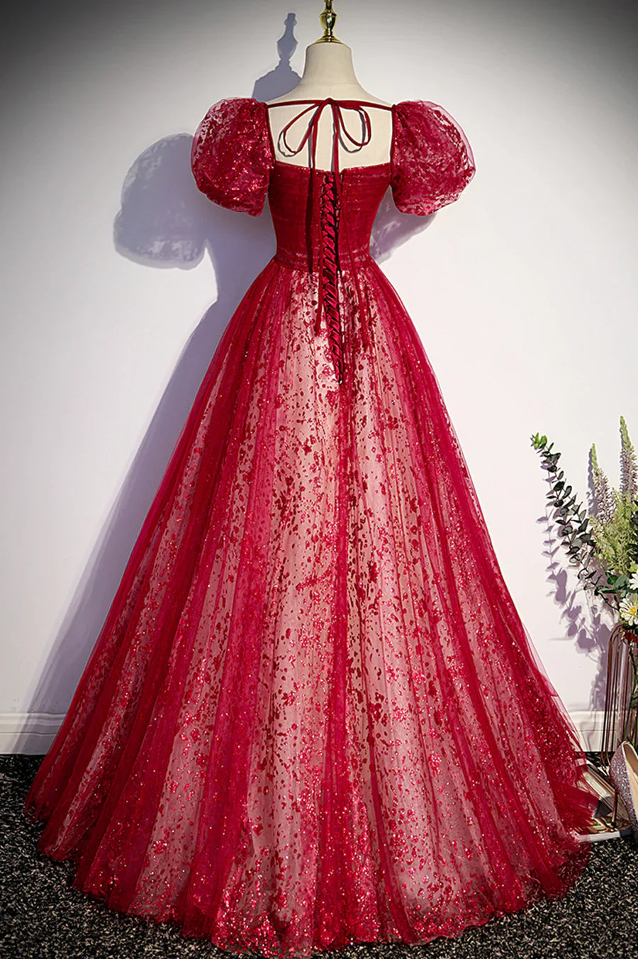 Burgndy Tulle Short Sleeve Formal Evening Dress, A-Line Long Prom Dress TP558