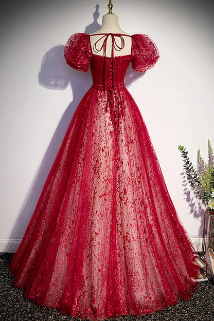 Burgndy Tulle Short Sleeve Formal Evening Dress, A-Line Long Prom Dress TP558