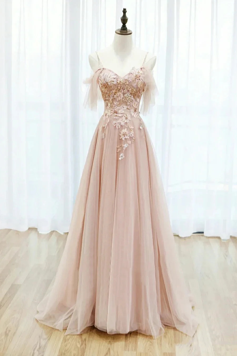 Pink Tulle Lace Long A-Line Prom Dress, Spaghetti Strap Formal Evening Dress TP560