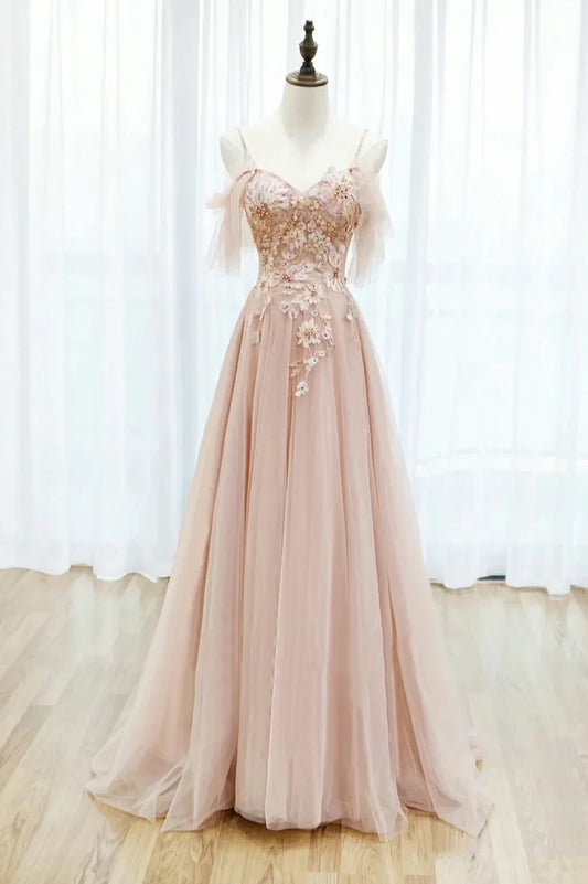 Pink Tulle Lace Long A-Line Prom Dress, Spaghetti Strap Formal Evening Dress TP560