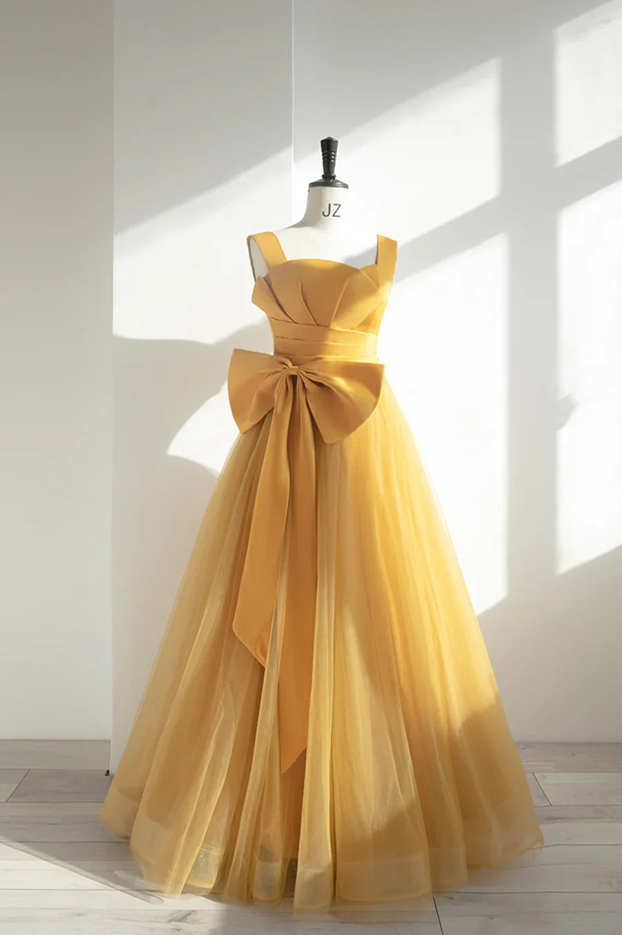 Yellow Satin Tulle Long Prom Dress, A-Line Evening Dress with Bow TP565