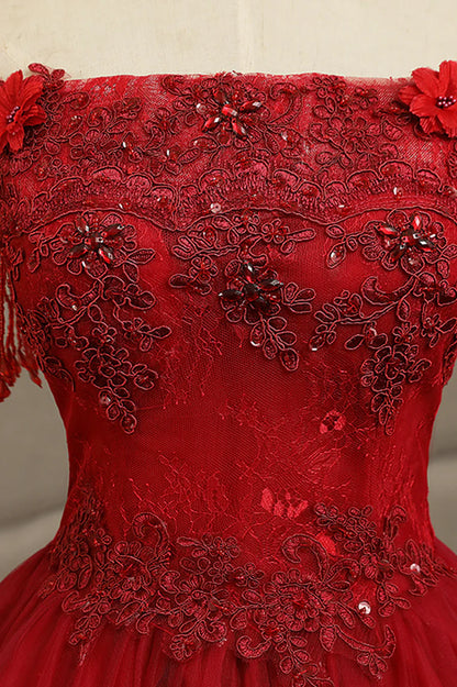 Burgundy Lace Long Formal Evening Dress, A-Line Lace Ball Gown TP567