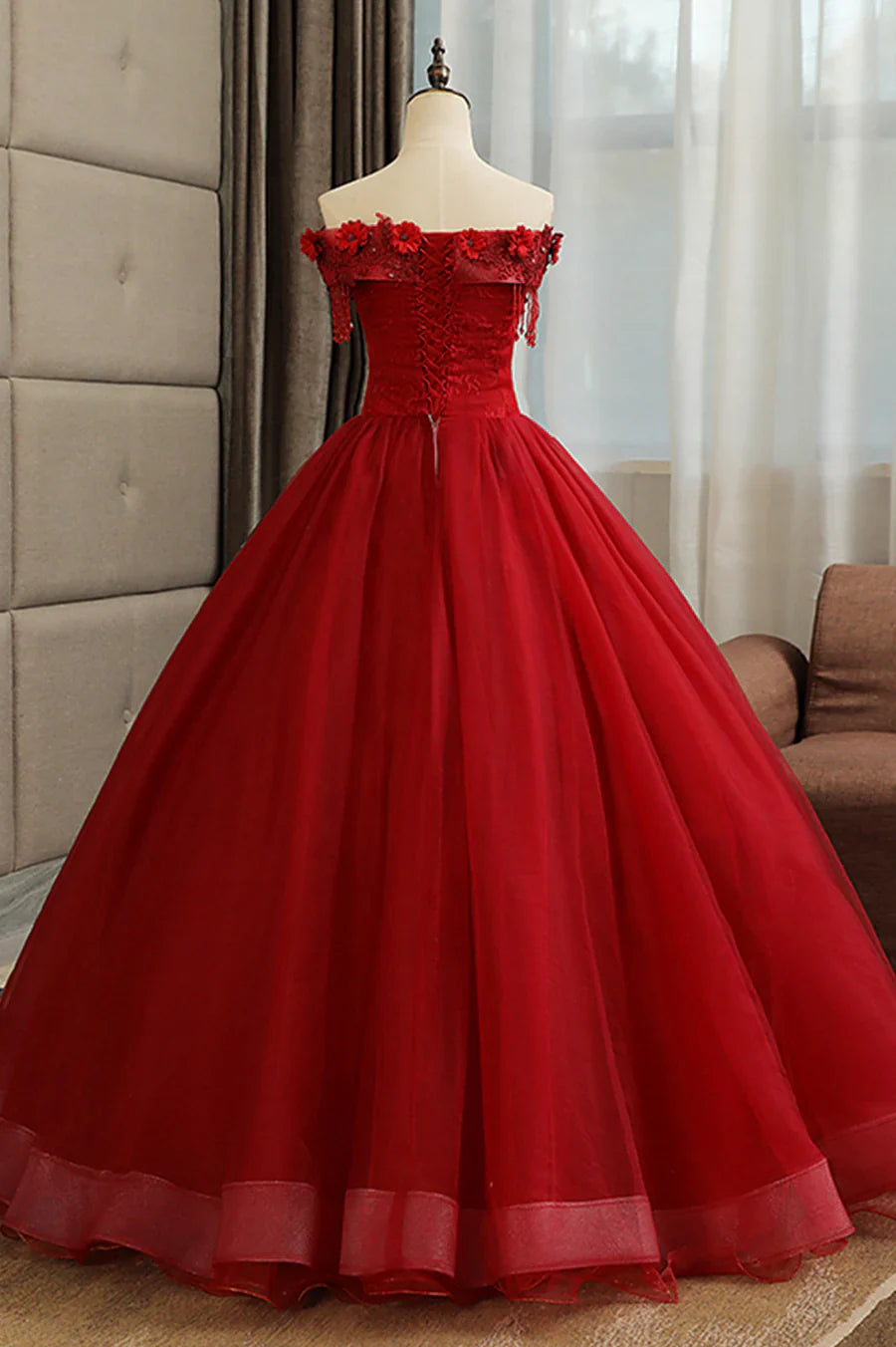Burgundy Lace Long Formal Evening Dress, A-Line Lace Ball Gown TP567
