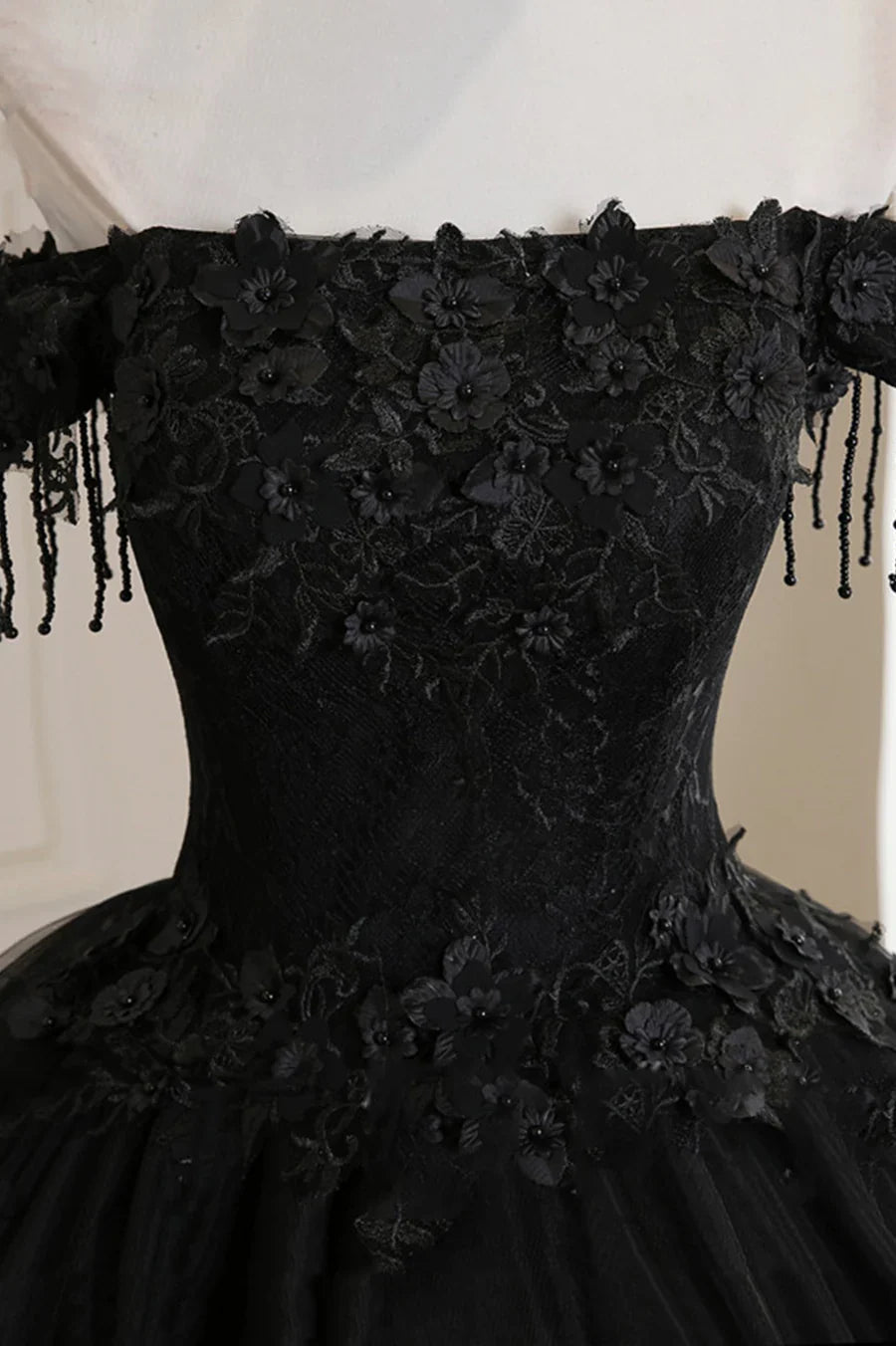 Black Tulle Lace Off the Shoulder Prom Dress, Black A-Line Evening Dress TP568