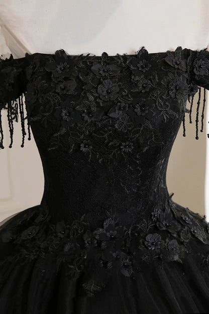 Black Tulle Lace Off the Shoulder Prom Dress, Black A-Line Evening Dress TP568
