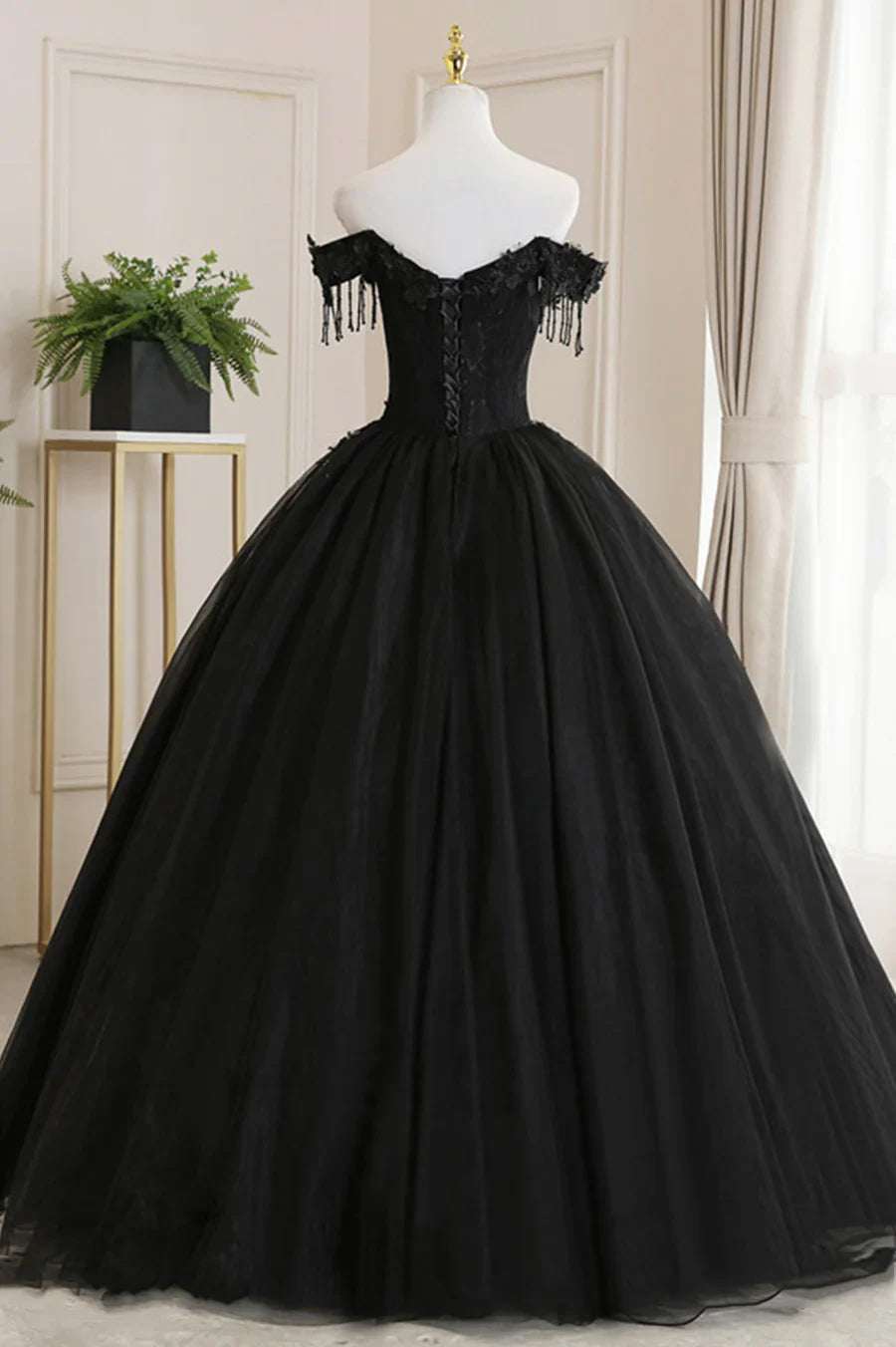 Black Tulle Lace Off the Shoulder Prom Dress, Black A-Line Evening Dress TP568