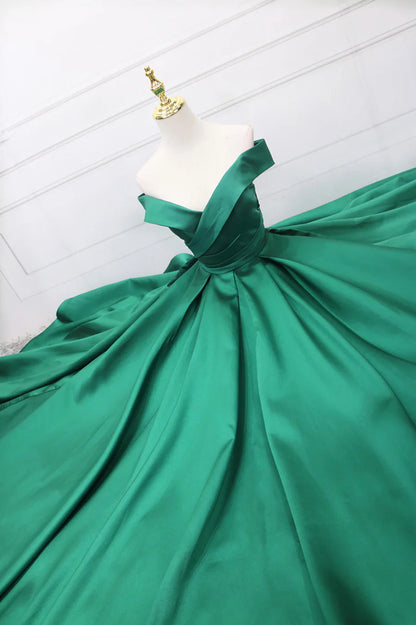Green Satin Long Prom Dress, Off the Shoulder Evening Party Dress TP569