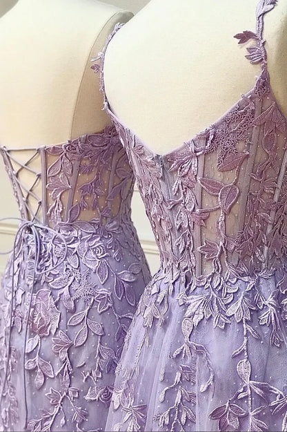 Purple Tulle Lace Long Prom Dresses, Purple Evening Party Dresses TP571