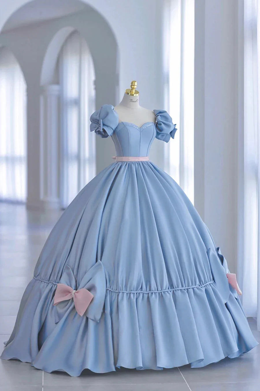 Blue Satin A-Line Princess Dress, Blue A-Line Evening Gown with Bow TP572