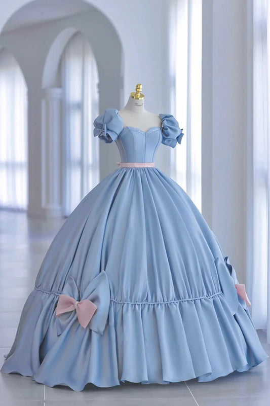 Blue Satin A-Line Princess Dress, Blue A-Line Evening Gown with Bow TP572