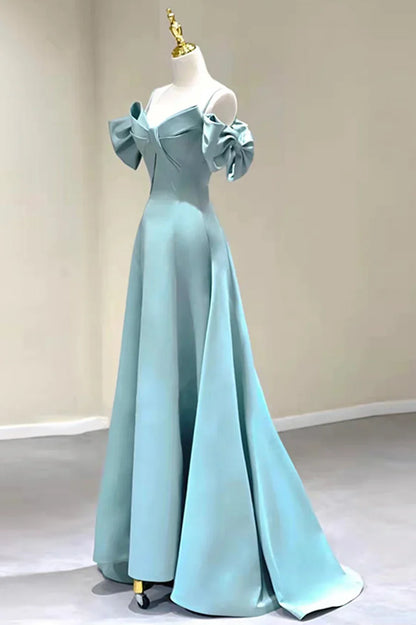 Blue Satin Long A-Line Prom Dress, Off the Shoulder Evening Dress TP573