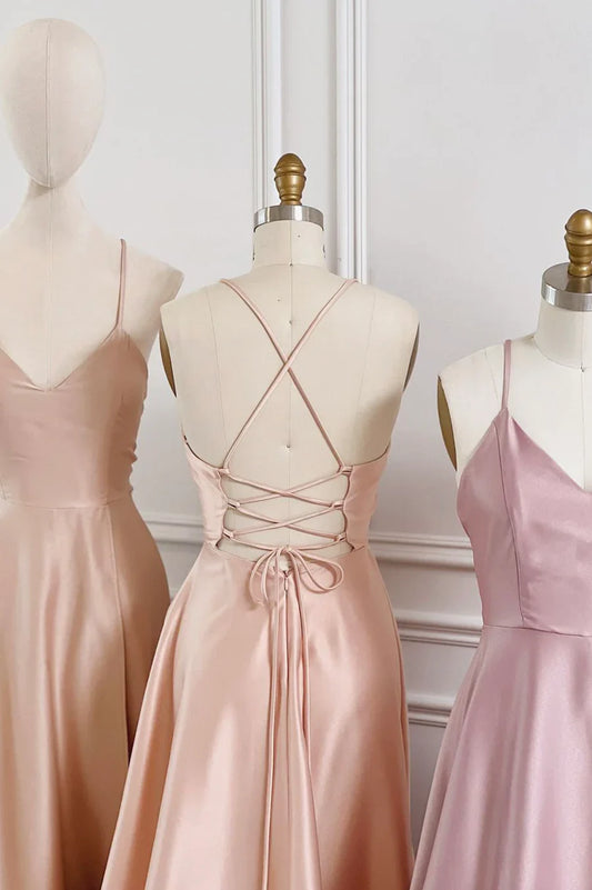 Simple V-Neck Satin Long Prom Dress, A-Line Backless Evening Dress TP575