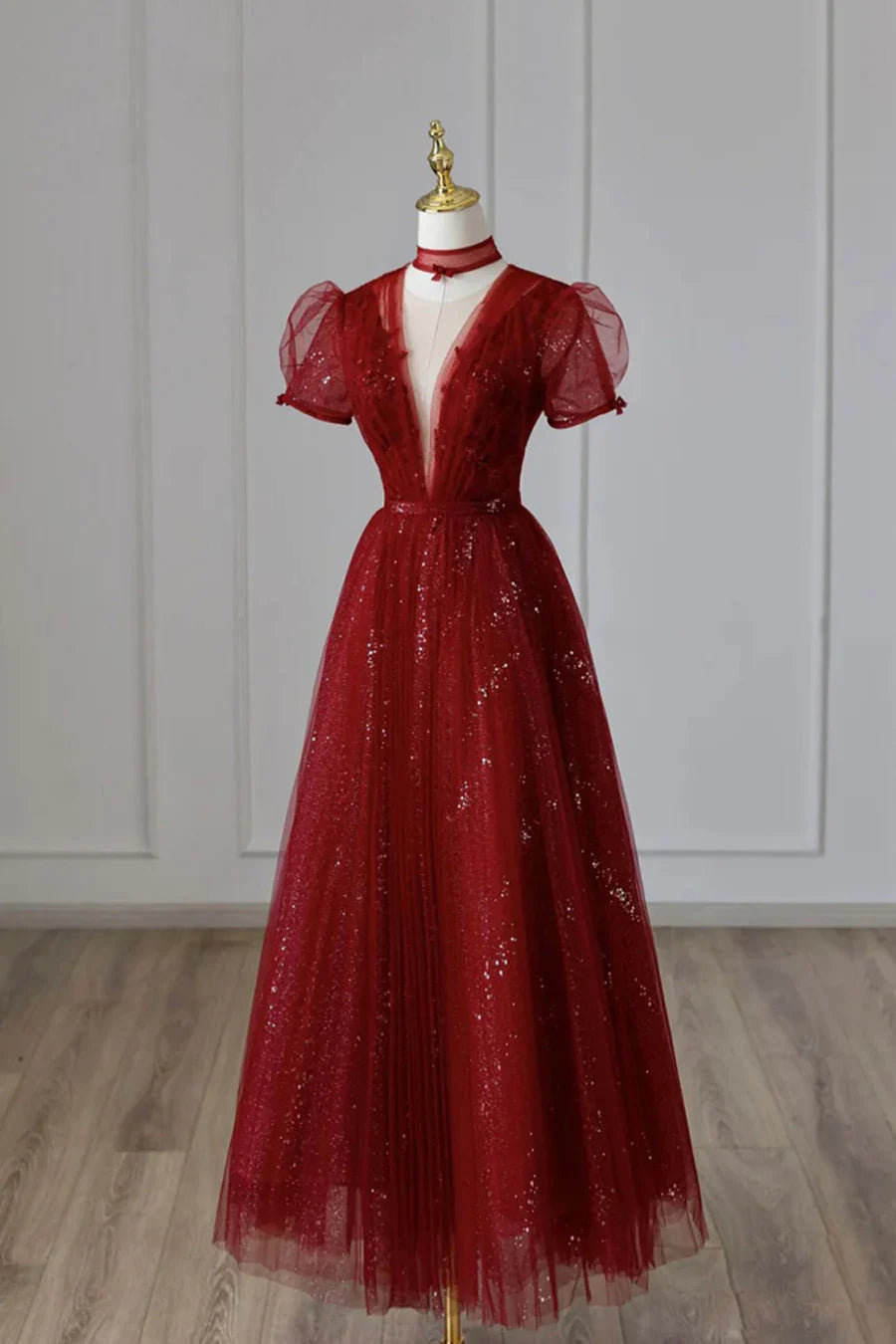Burgundy Tulle Sequins Tea Length Prom Dress, A-Line Evening Dress TP576