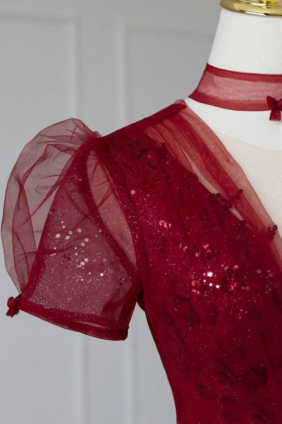 Burgundy Tulle Sequins Tea Length Prom Dress, A-Line Evening Dress TP576